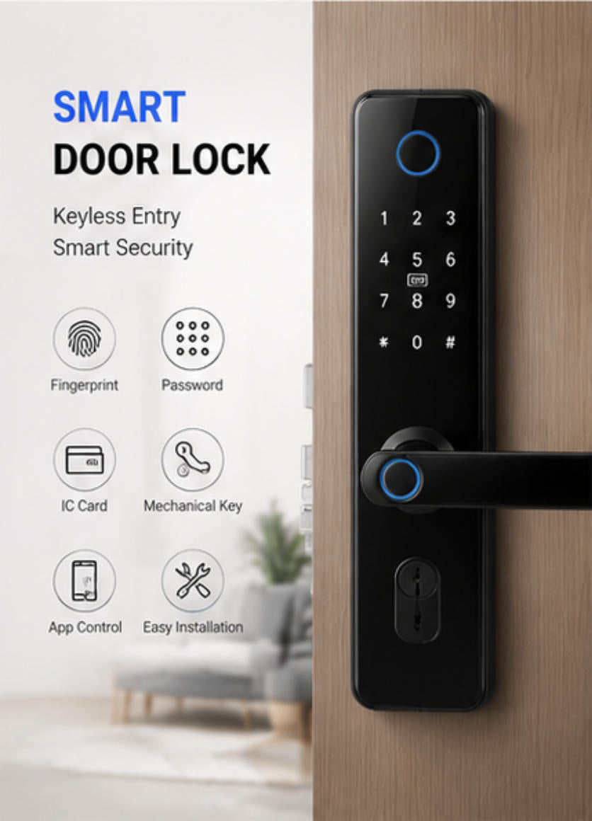 Smart Door Lock with Fingerprint & Keypad, Keyless Entry Door Lock with App Control, Password, IC Card and Mechanical Key Access for Home Security