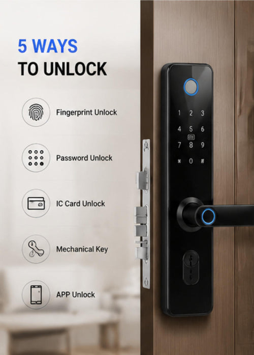 Smart Door Lock with Fingerprint & Keypad, Keyless Entry Door Lock with App Control, Password, IC Card and Mechanical Key Access for Home Security
