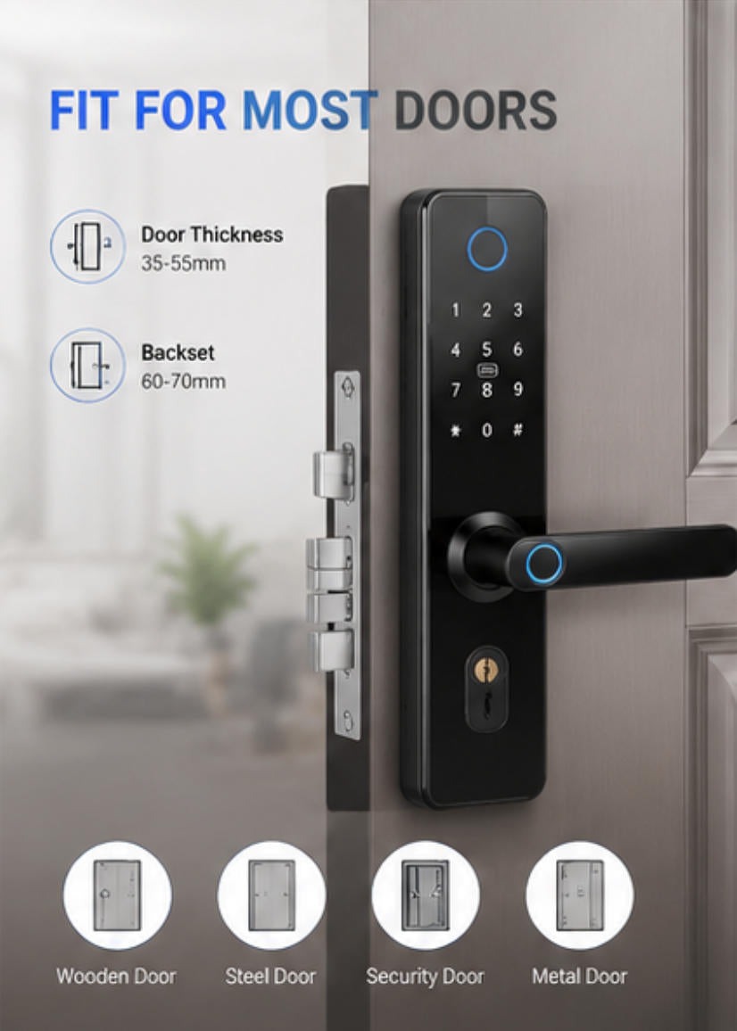 Smart Door Lock with Fingerprint & Keypad, Keyless Entry Door Lock with App Control, Password, IC Card and Mechanical Key Access for Home Security