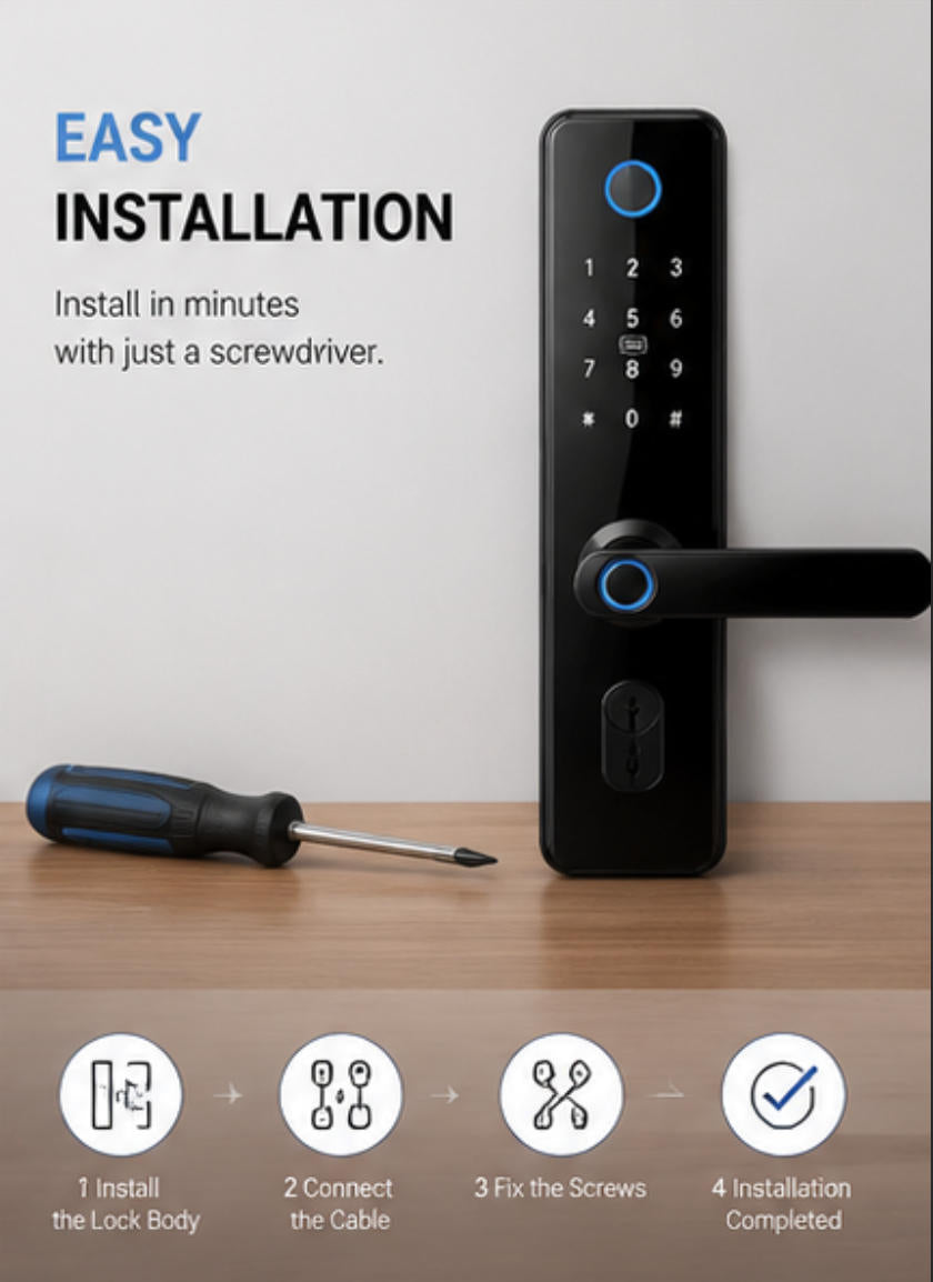 Smart Door Lock with Fingerprint & Keypad, Keyless Entry Door Lock with App Control, Password, IC Card and Mechanical Key Access for Home Security
