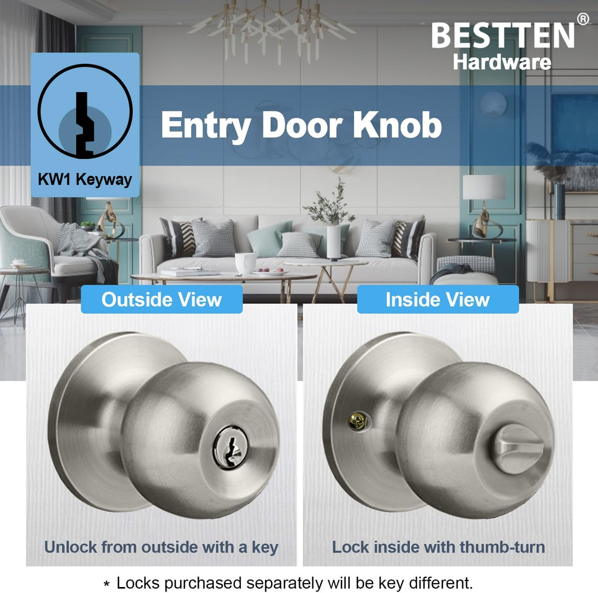 Keyed Entry Door Knob with Lock, Heavy Duty Interior and Exterior Door Lock